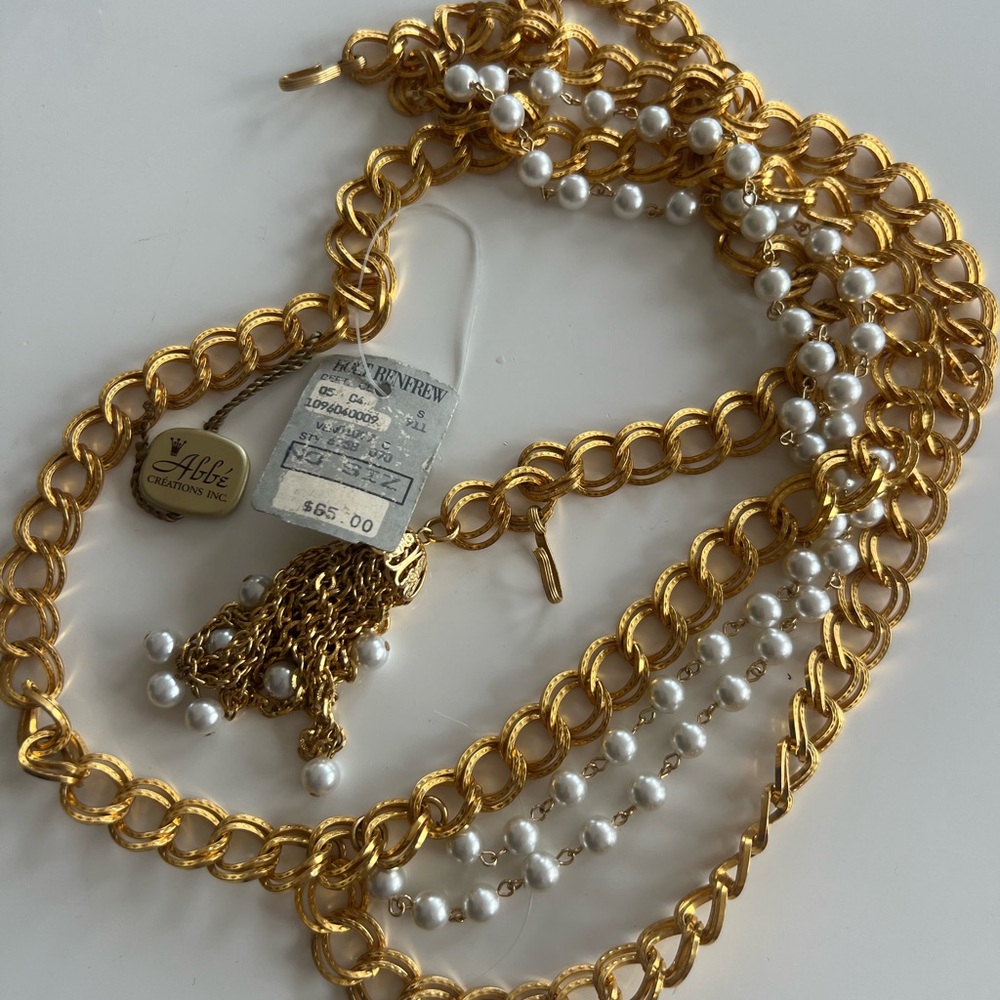 Vintage chain belt gold tone with faux pearls Abbé Creations